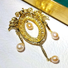 Load image into Gallery viewer, Vintage Gold Tone Pink Pearl Dangle Opens Marquise Shaped Brooch with Wing Mother Gift Jewelry
