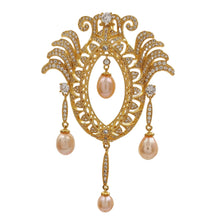 Load image into Gallery viewer, Vintage Gold Tone Pink Pearl Dangle Opens Marquise Shaped Brooch with Wing Mother Gift Jewelry
