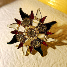 Load image into Gallery viewer, Vintage Opens Imitated Pearl Beads Accent Crystal and Enamel Sun Burst Brooch Maltese Cross Badge Pin
