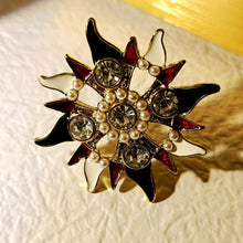 Load image into Gallery viewer, Vintage Opens Imitated Pearl Beads Accent Crystal and Enamel Sun Burst Brooch Maltese Cross Badge Pin
