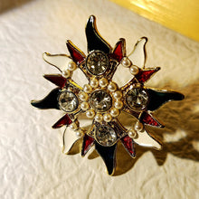 Load image into Gallery viewer, Vintage Opens Imitated Pearl Beads Accent Crystal and Enamel Sun Burst Brooch Maltese Cross Badge Pin
