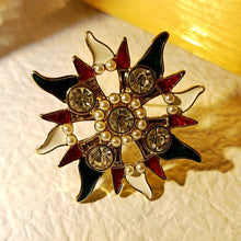 Load image into Gallery viewer, Vintage Opens Imitated Pearl Beads Accent Crystal and Enamel Sun Burst Brooch Maltese Cross Badge Pin
