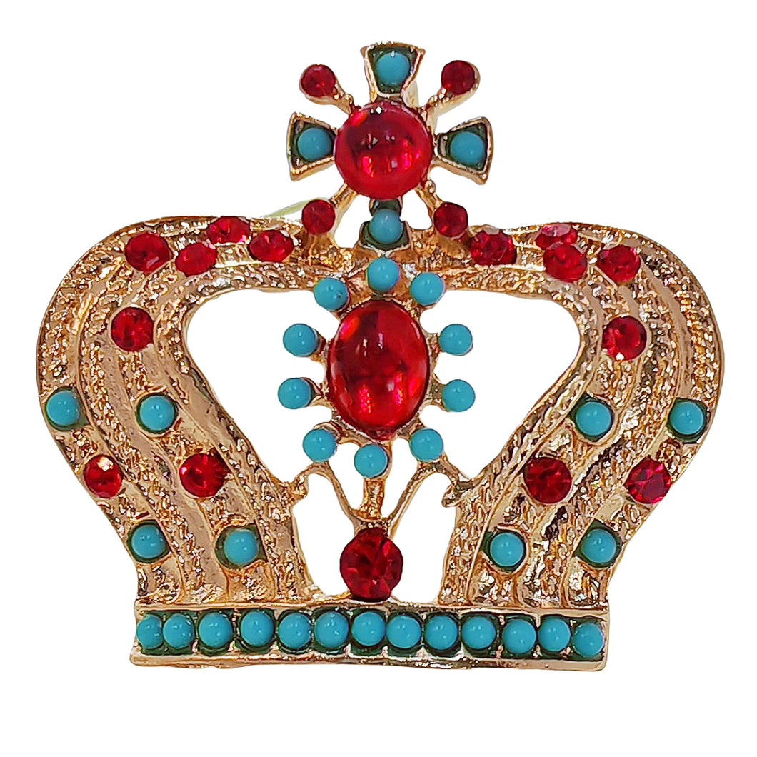 Vintage Red and Turquoise Crown Pin Brooch Costume Jewelry