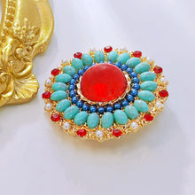 Load image into Gallery viewer, Vintage Style Red and Turquoise Round Art Deco Brooch Pin Sunflower Jewelry
