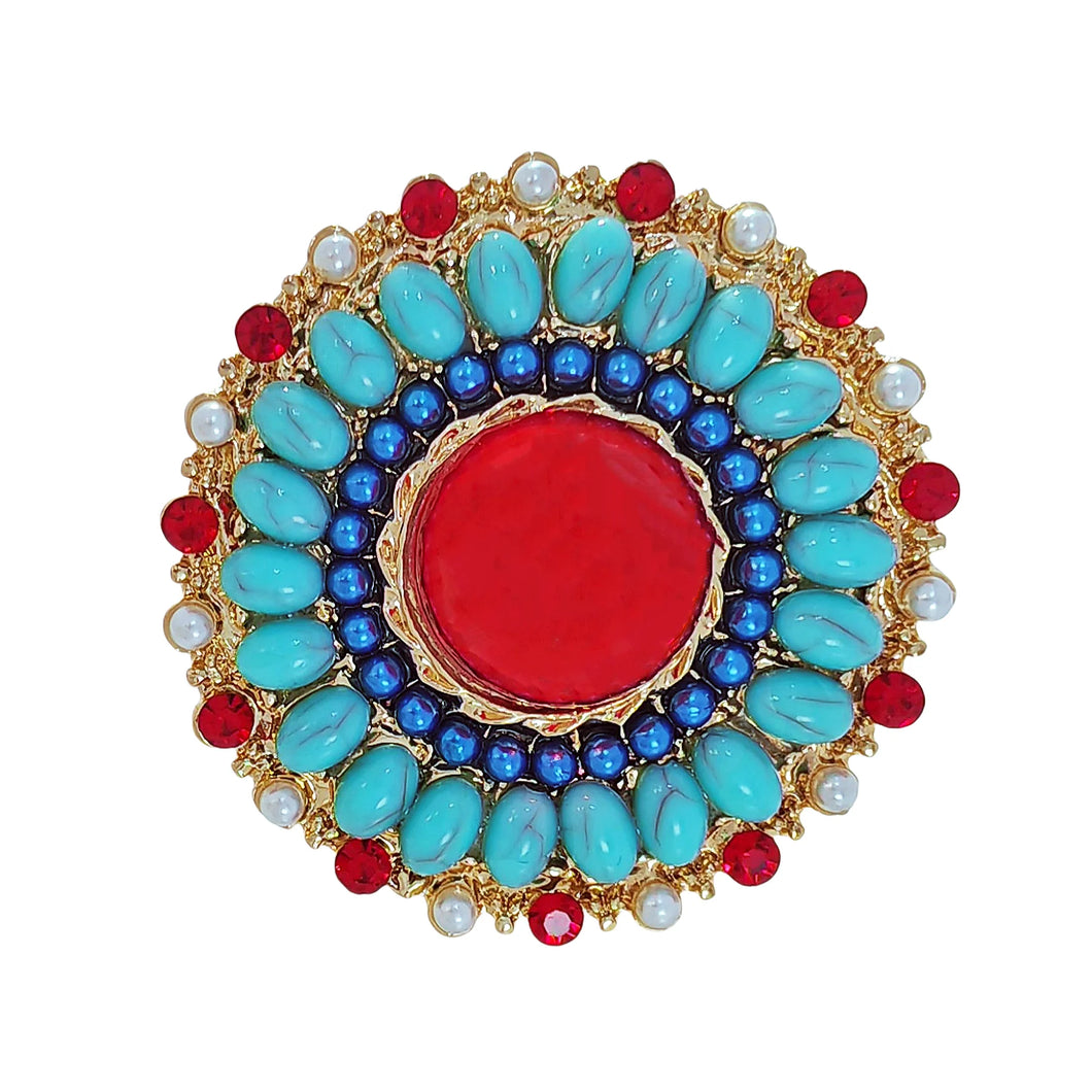 Vintage Style Red and Turquoise Round Art Deco Brooch Pin Sunflower Jewelry