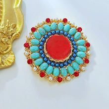 Load image into Gallery viewer, Vintage Style Red and Turquoise Round Art Deco Brooch Pin Sunflower Jewelry
