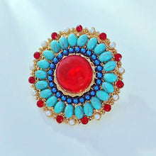 Load image into Gallery viewer, Vintage Style Red and Turquoise Round Art Deco Brooch Pin Sunflower Jewelry
