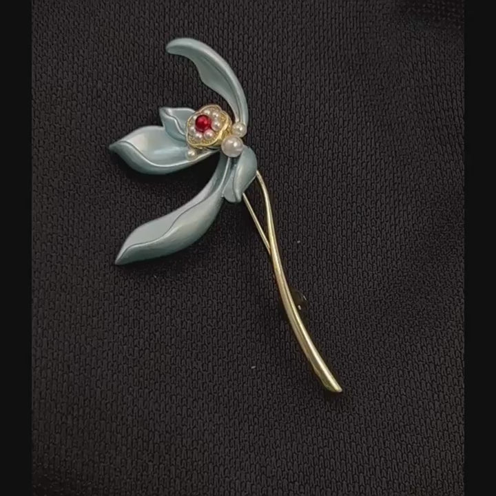 Elegant Sway Blue Enamel Iris Flower Brooch Pin with Pearl Accent