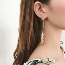 Load image into Gallery viewer, Boho Long GoldLink Chain Feather Drop Earrings Double Wear Way Jewelry
