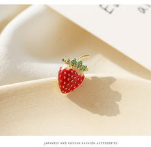 Load image into Gallery viewer, Jewelblings Delicious Golden Spotted Mini Red Enamel Strawberry Safety Pin Fruit Jewelry
