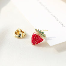 Load image into Gallery viewer, Jewelblings Delicious Golden Spotted Mini Red Enamel Strawberry Safety Pin Fruit Jewelry
