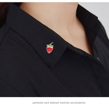 Load image into Gallery viewer, Jewelblings Delicious Golden Spotted Mini Red Enamel Strawberry Safety Pin Fruit Jewelry
