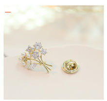 Load image into Gallery viewer, Jewelblings Pretty Gold Tone Mother of Pearl and CZ Clear White Mini Flower Bouquet Pin Floral Lapel Collar Pin Accessory
