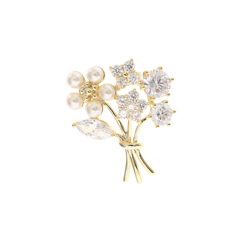 Jewelblings Pretty Gold Tone Mother of Pearl and CZ Clear White Mini Flower Bouquet Pin Floral Lapel Collar Pin Accessory