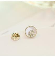 Load image into Gallery viewer, Jewelblings Delicate Hollow Out Golden Metallica Outline Rose Deco Round Shaped Shell Pearl Pin Small Safety Lapel Collar Pin Jewelry
