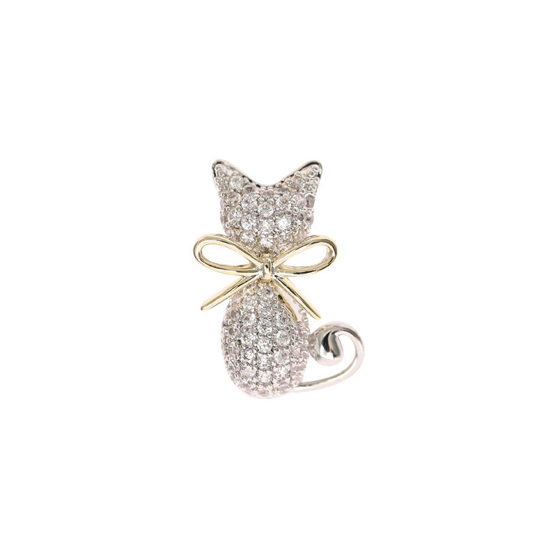 Jewelblings Cute Full Micro Pave Clear CZ Golden Bow Tied Small Kitty Pin Cat Collar Lapel Pin Animal Jewelry