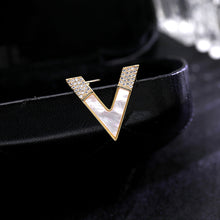 Load image into Gallery viewer, Jewelblings Symbol Jewelry Micro Pave and Shell Pearl Letter V Pin Victory Safety Pin for Unisex Accessory
