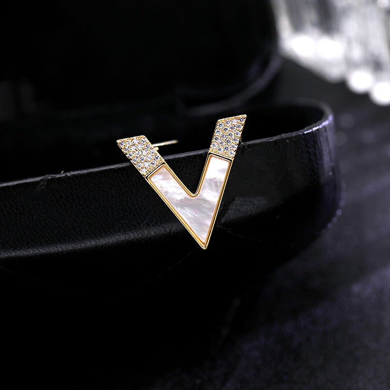 Jewelblings Symbol Jewelry Micro Pave and Shell Pearl Letter V Pin Victory Safety Pin for Unisex Accessory