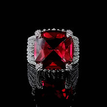 Load image into Gallery viewer, Jewelblings  Volcanic Flame Inspiration Wide Split Shank Band Large Red Square Stone Solitaire Rings Luxury Finger Deco Cocktail Jewelry
