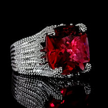 Load image into Gallery viewer, Jewelblings  Volcanic Flame Inspiration Wide Split Shank Band Large Red Square Stone Solitaire Rings Luxury Finger Deco Cocktail Jewelry
