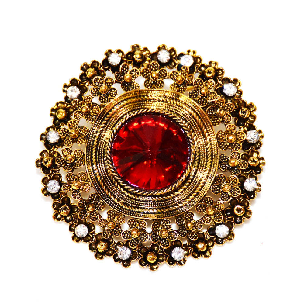 Jewelblings Edwardian Jewelry Domed Red Crystal Stone Round Brooches Gold Tone Filigree Rope Circlet Vintage Floral Broach Pin for Men Suit