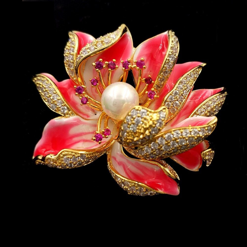 Fashion Enamel Pins Lotus Flower Pearl Zircon Brooches for Women