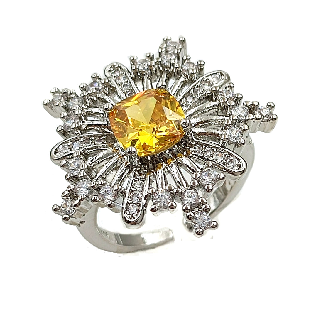 Jewelblings Exquisite Silver Tone Burst Yellow Square CZ Open Rings for Women Cocktail Formal Affairs Holiday Special Occasions Accessory