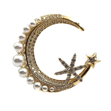 Load image into Gallery viewer, Jewelblings Glitter Gold Tone Imitated White Pearl Accent Burst Star Crescent Moon Brooch Pin for Unisex Vest Sweater Jackets Bag Accessory
