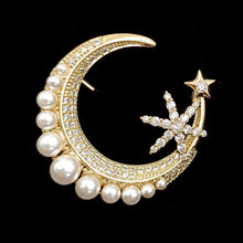 Load image into Gallery viewer, Jewelblings Glitter Gold Tone Imitated White Pearl Accent Burst Star Crescent Moon Brooch Pin for Unisex Vest Sweater Jackets Bag Accessory
