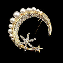 Load image into Gallery viewer, Jewelblings Glitter Gold Tone Imitated White Pearl Accent Burst Star Crescent Moon Brooch Pin for Unisex Vest Sweater Jackets Bag Accessory
