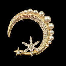 Load image into Gallery viewer, Jewelblings Glitter Gold Tone Imitated White Pearl Accent Burst Star Crescent Moon Brooch Pin for Unisex Vest Sweater Jackets Bag Accessory
