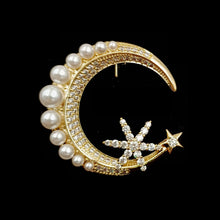 Load image into Gallery viewer, Jewelblings Glitter Gold Tone Imitated White Pearl Accent Burst Star Crescent Moon Brooch Pin for Unisex Vest Sweater Jackets Bag Accessory
