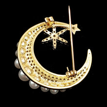 Load image into Gallery viewer, Jewelblings Glitter Gold Tone Imitated White Pearl Accent Burst Star Crescent Moon Brooch Pin for Unisex Vest Sweater Jackets Bag Accessory
