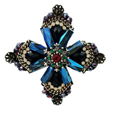 Load image into Gallery viewer, Jewelblings Retro Vintage Dark Blue Crystal Rhinestone Cross Style Flower Brooches Gold Tone Faceted Four Petal Flower Pins for Women Suit
