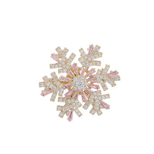 Load image into Gallery viewer, Jewelblings Glitter Gold Tone Two Layered Rotating Clear Pink Snowflake Pin Scarf Shawl Cape Accessory
