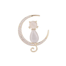 Load image into Gallery viewer, Jewelblings Lovely Romance Crescent Moon and Imitated Opal Kitty Safety Pin Collar Lapel Cat Pin Jewelry
