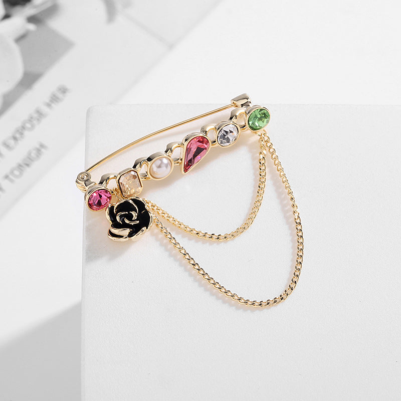 Jewelblings Pretty Golden Tassel Chain Black Rose Multi Color Stones Lapel Pin Collar Pin for Women