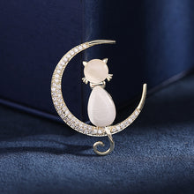 Load image into Gallery viewer, Jewelblings Lovely Romance Crescent Moon and Imitated Opal Kitty Safety Pin Collar Lapel Cat Pin Jewelry
