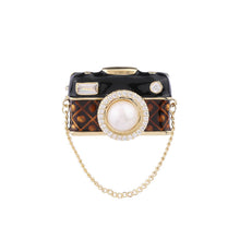 Load image into Gallery viewer, Jewelblings Modern Vintage Golden Chain Imitated Pearl Domed Enamel Camera Safety Collar Pin Women V Neck Accessory
