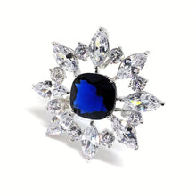 Load image into Gallery viewer, Jewelblings Queen Victoria Opens Marquise Flower Cluster Square CZ Stone Center Royal Blue Brooch Art Deco Burst Star Pin  for Collar Lapel
