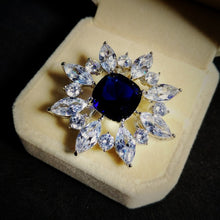 Load image into Gallery viewer, Jewelblings Queen Victoria Opens Marquise Flower Cluster Square CZ Stone Center Royal Blue Brooch Art Deco Burst Star Pin  for Collar Lapel
