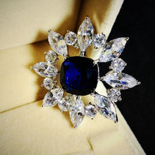 Load image into Gallery viewer, Jewelblings Queen Victoria Opens Marquise Flower Cluster Square CZ Stone Center Royal Blue Brooch Art Deco Burst Star Pin  for Collar Lapel
