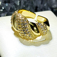 Load image into Gallery viewer, Undulating Design Gold &amp;Studded Pink CZ Croissant Open Ring Statement Jewelry
