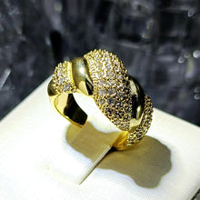 Load image into Gallery viewer, Undulating Design Gold &amp;Studded Pink CZ Croissant Open Ring Statement Jewelry
