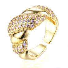 Load image into Gallery viewer, Undulating Design Gold &amp;Studded Pink CZ Croissant Open Ring Statement Jewelry
