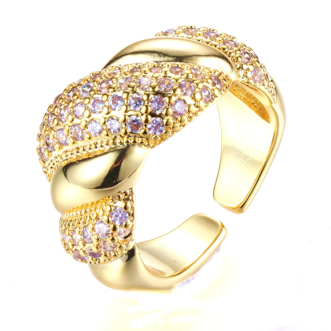 Undulating Design Gold &Studded Pink CZ Croissant Open Ring Statement Jewelry