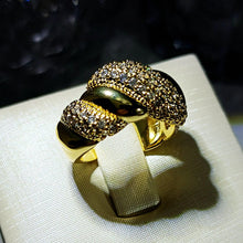 Load image into Gallery viewer, Undulating Design Gold &amp;Studded Pink CZ Croissant Open Ring Statement Jewelry
