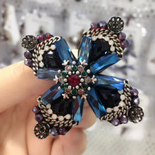 Load image into Gallery viewer, Jewelblings Retro Vintage Dark Blue Crystal Rhinestone Cross Style Flower Brooches Gold Tone Faceted Four Petal Flower Pins for Women Suit
