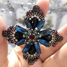 Load image into Gallery viewer, Jewelblings Retro Vintage Dark Blue Crystal Rhinestone Cross Style Flower Brooches Gold Tone Faceted Four Petal Flower Pins for Women Suit
